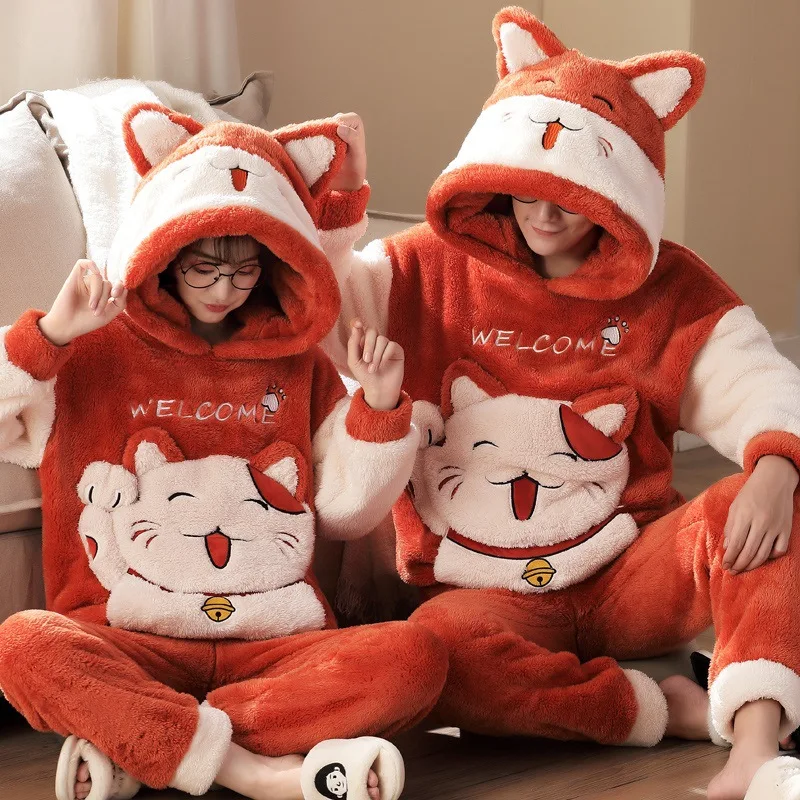 Cartoon Cat Couples Pajamas Sets Winter Thicken Women Men Korean Sleepwear Anime Pyjamas Suits Hoodie Coral Fleece Nightgown