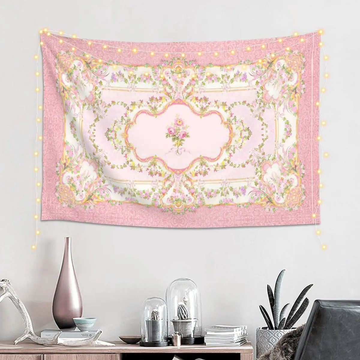 French Rococo Pink Floral Watercolor Panel Tapestry Art Wall Hanging Aesthetic Home Decoration Tapestries for Bedroom Dorm Room