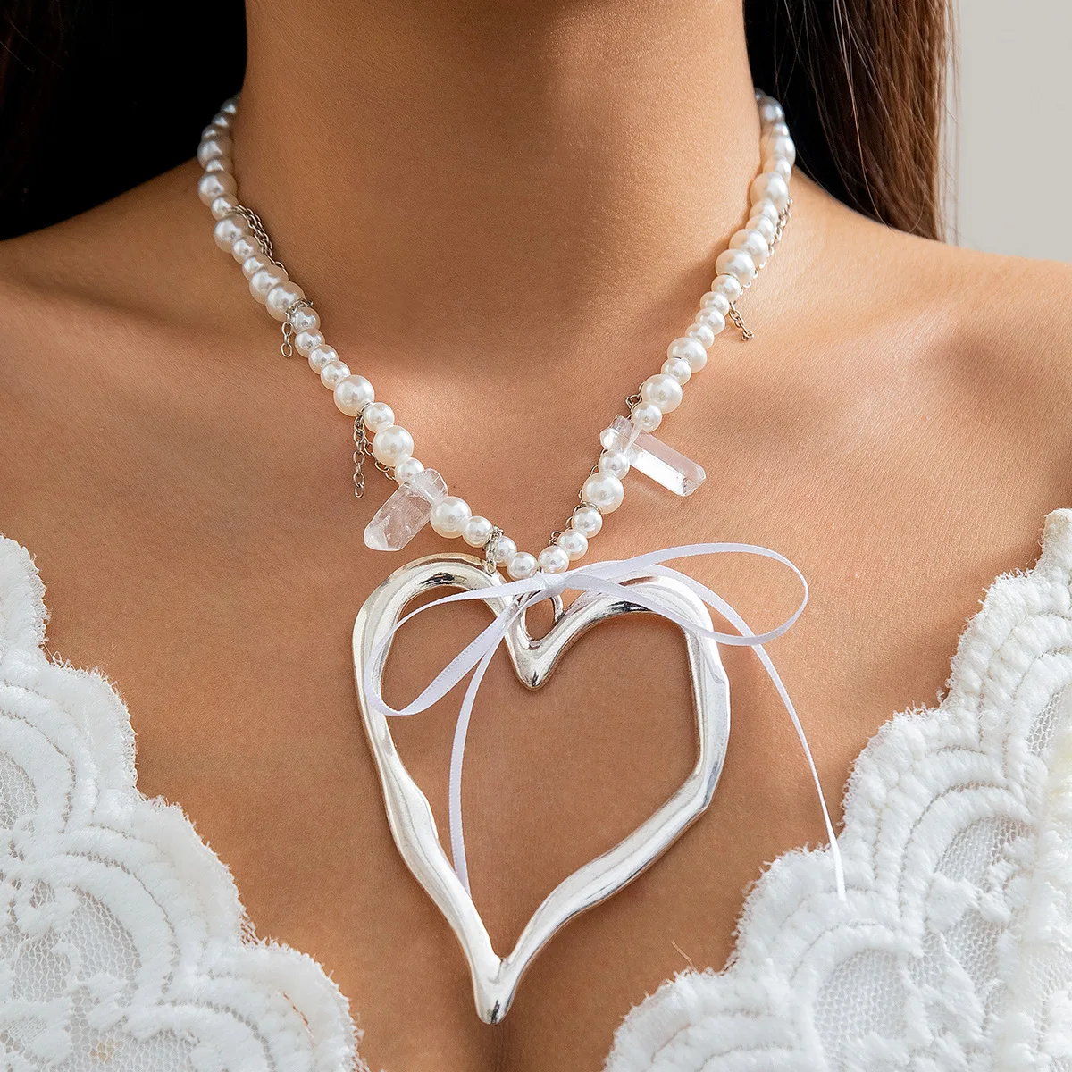 Premium Necklace with Lava Heart Pendant and Bow Charm Faux Pearl Beads Antique Silver Tone Lightweight for Women Daily Wear