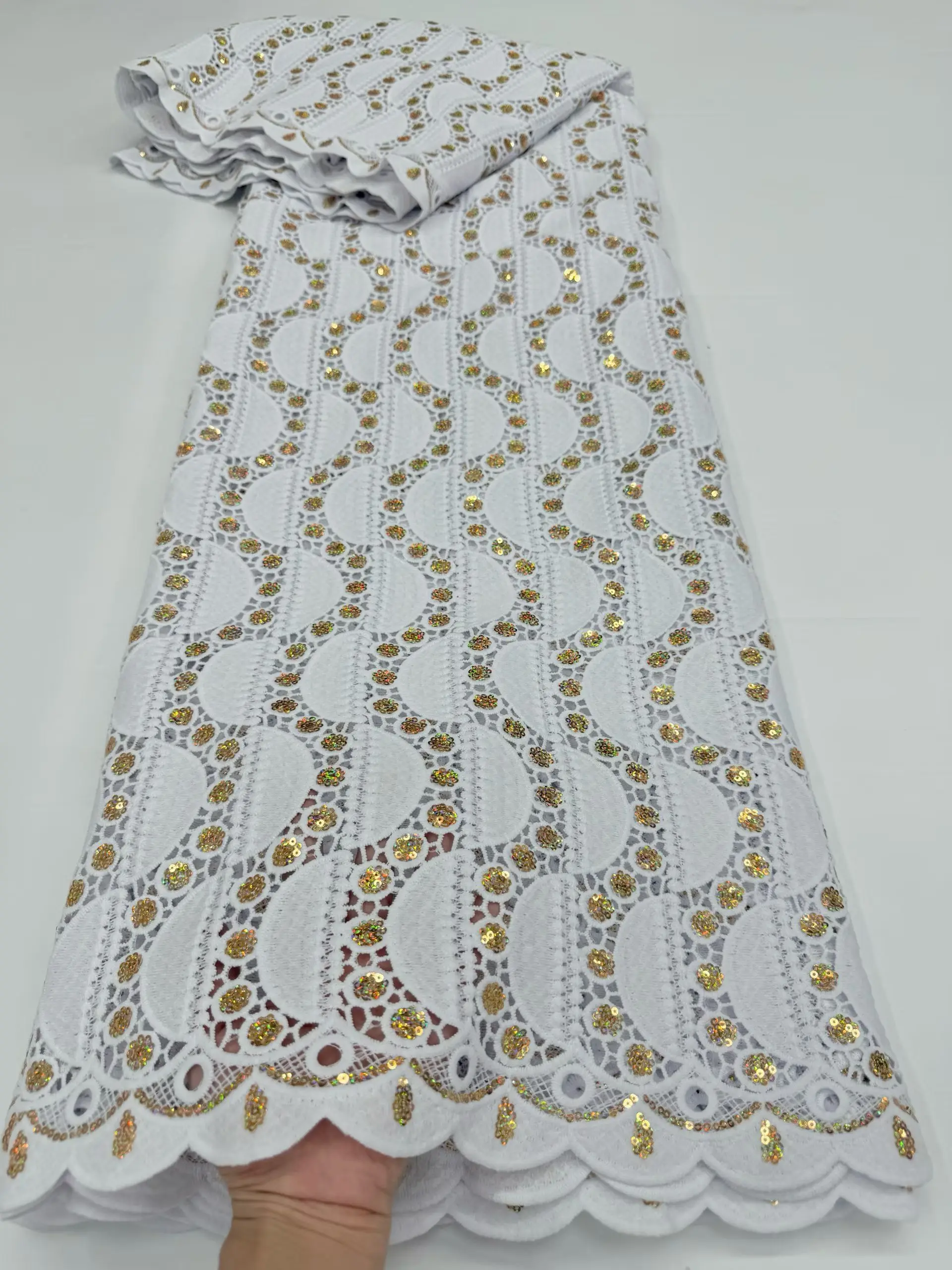 

New Arrival Gold Sequins White African Nigerian Cord Lace Fabric 2025 High Quality Water Soluble Lace Fabric For Women LR25161