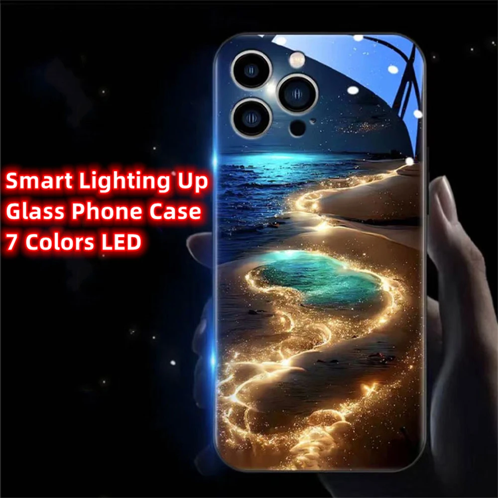 Meteor Moon Beach Smart LED Light Glow Tempered Glass Phone Case For iPhone 16 15 14 13 12 11 Pro Max X XS XR Plus SE