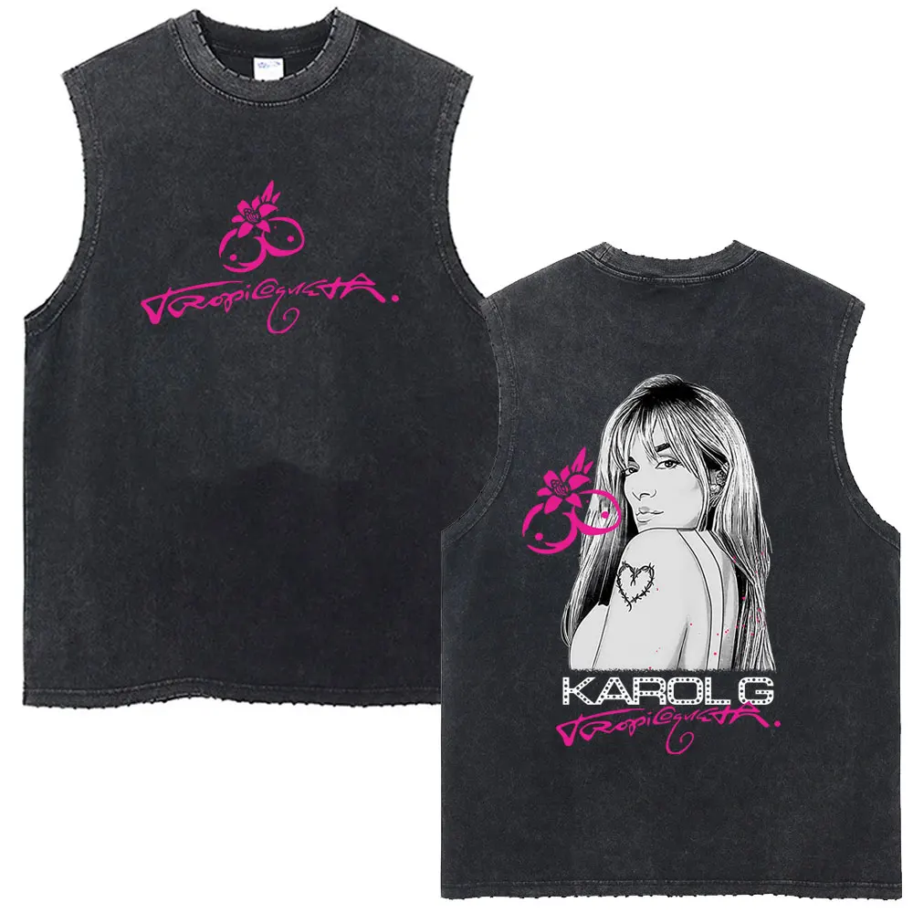

Karol G Tropicoqueta Latina Foreva 2025 Album Washed Tank Tops Men Women Clothing Fashion Sleeveless Vest Male Vintage T Shirts