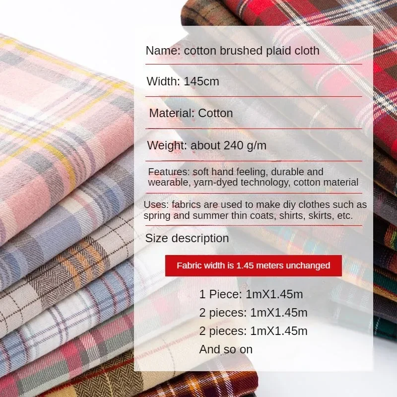 Brushed Plaid Fabric By The Meter for Needlework Shirts Dress Skirt Pants Coat Diy Sewing Soft Wearable Comfortable Cotton Cloth