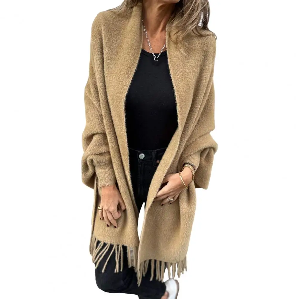 Winter Fall Women Jacket Thick Fleece Fringe Tassel Hem Long Bat Sleeves Open Stitch Cardigan Knitted Fuzzy Mid Length Coat Outd