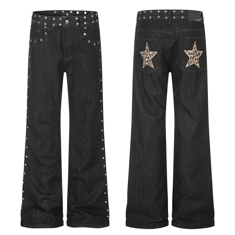 Retro American Leopard Print Pocket Rivet Black Jeans Loose Casual Straight Leg Jeans for Men And Women Autumn New Style
