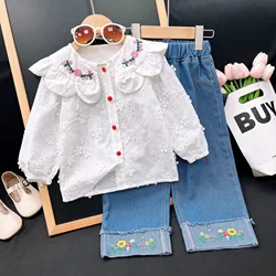 Girls' Sets 2024 Spring and Autumn New Children's Clothing Suit Lace Flower Embroidered Shirt + Embroidered Jeans Two Piece Set