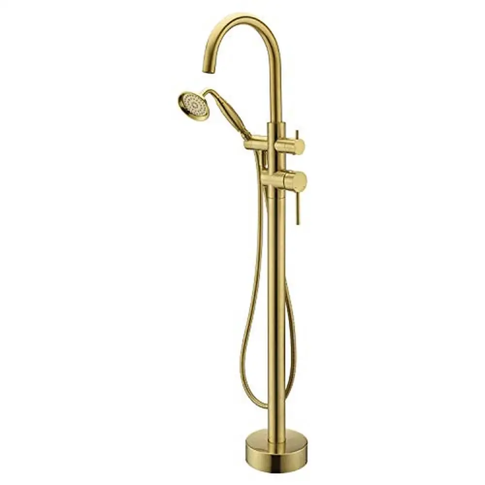 Floor Mounted Brushed Gold Brass Tub Filler Faucet with Hand Shower 360 Swivel Spout Stable Base Design Telephone Style Hand