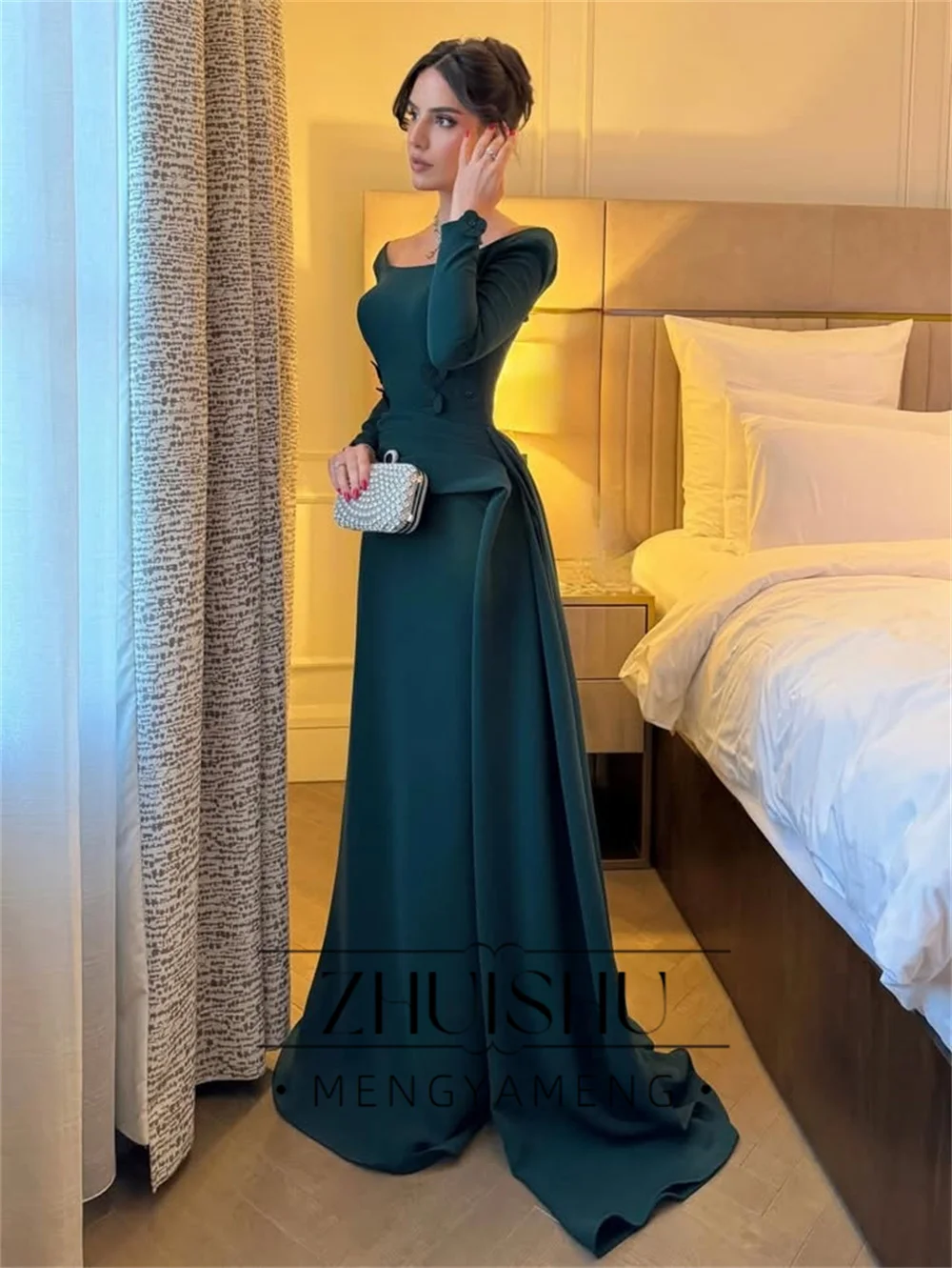 ZHUISHU Elegant Green Flowers Sheath Evening Dress 2026 Long Sleeves Off The Shoulder  Prom Dress Formal Party Gowns Customized view 2