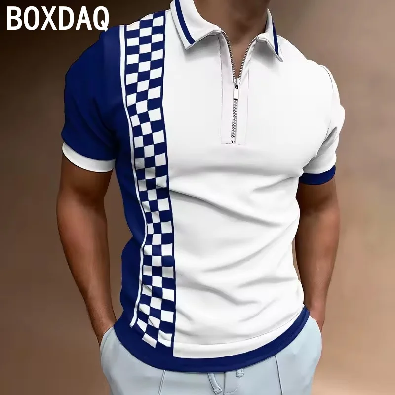 2025 primavera/verão nova camisa polo masculina casual tamanho grande manga curta com zíper polo t camisa 3d grade impressa golfe esporte polo camisa