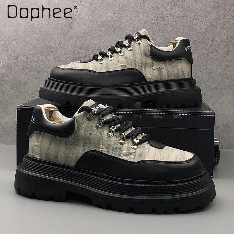 

2025 Spring and Autumn Fashion Height-Increasing Canvas Khaki Casual Shoes Men's Thick-Soled Trendy Black Blue Shoes