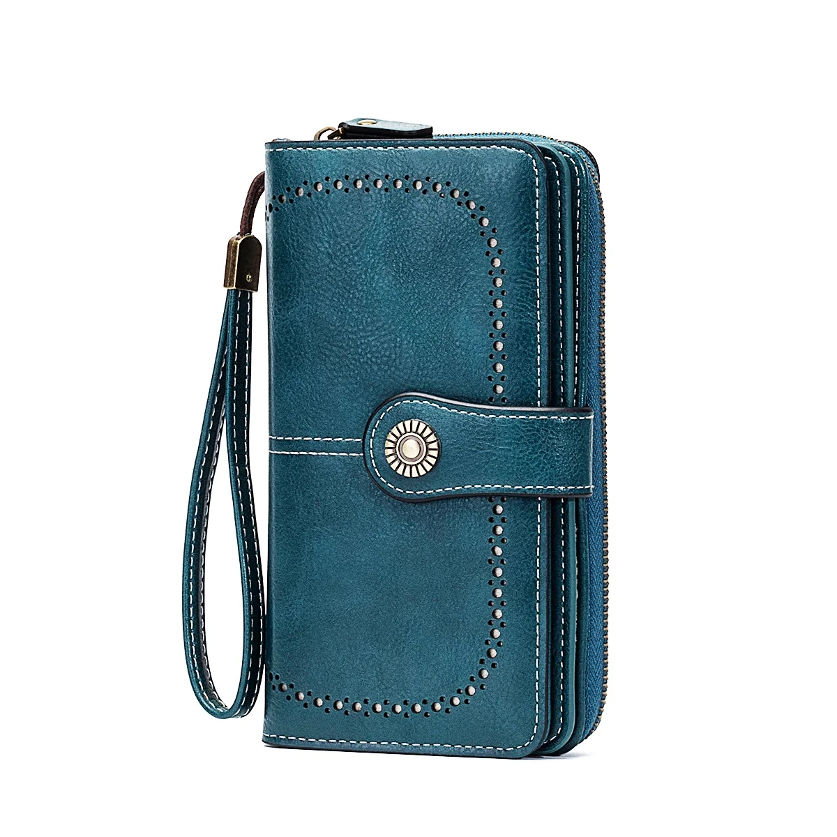 Rfid Anti-Theft Vintage Large-Capacity Leather Long Wallet Clutch Solid Color Women's Wallet Multifunctional Zipper Wallet with Wrist Strap