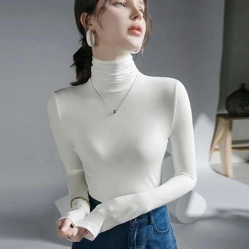 2024 Czarne Kobiece Topy Slim White Odzież Zwykły Turtleneck Ciepłe Damskie Koszulki Seksowne Koszulki Zabawna Oferta Koreański Styl Tshirty Xxl