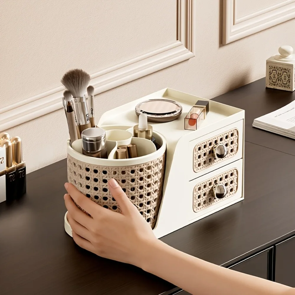 Mid-Century Modern Desk Organizer with Drawers Rattan Style Cosmetic Makeup Brush Holder for Office Home Vanity Storage Box 1pc view 4