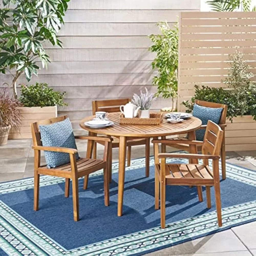 Simple Patio Dining Set 5 Piece Acacia Wood Dining Set, Teak Finish, Outdoor Patio Furniture Dining Set