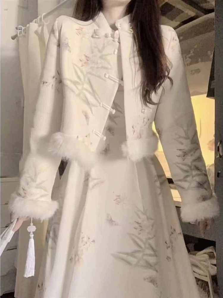 

Осенний французский элегантный винтажный теплый женский костюм, шикарное длинное платье с цветочным принтом + пальто, корейский модный наряд, женская одежда