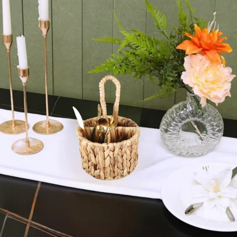 Rattan Wicker Storage Basket Hand Woven Flatware Organizer Round Storage Box Water Hyacinth Storage Basket Cutlery Holder