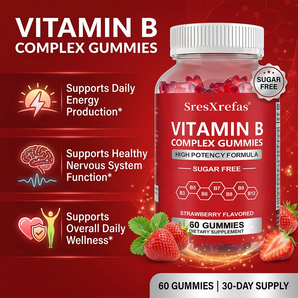 Vitamin B Complex Gummies, Vitamin B12, B7 (Biotin), B6, B3 (Niacin), B6, B9 (Folate) - Hair Skin Nails, Energy, Strawberry view 4