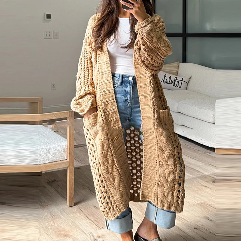 2024 Casual Solid Color Pocket Coat Ladies Elegant V Neck Hollow Knitted Cardigan Autumn Winter Thick Warm Loose Sweater Outwear