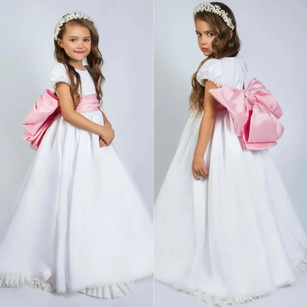 Abiti da ragazza di fiori per matrimonio con fiocco rosa maniche corte eleganti abiti da compleanno per bambina abiti da prima comunione personalizzati