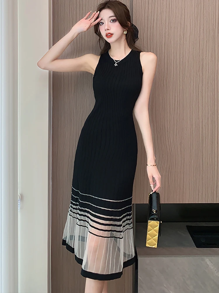 Black Knitted Sleeveless Chic Patchwork Mesh Long Dress Women Summer Elegant Ruffled Party Dress 2024 Kroean Vintage Night Dress