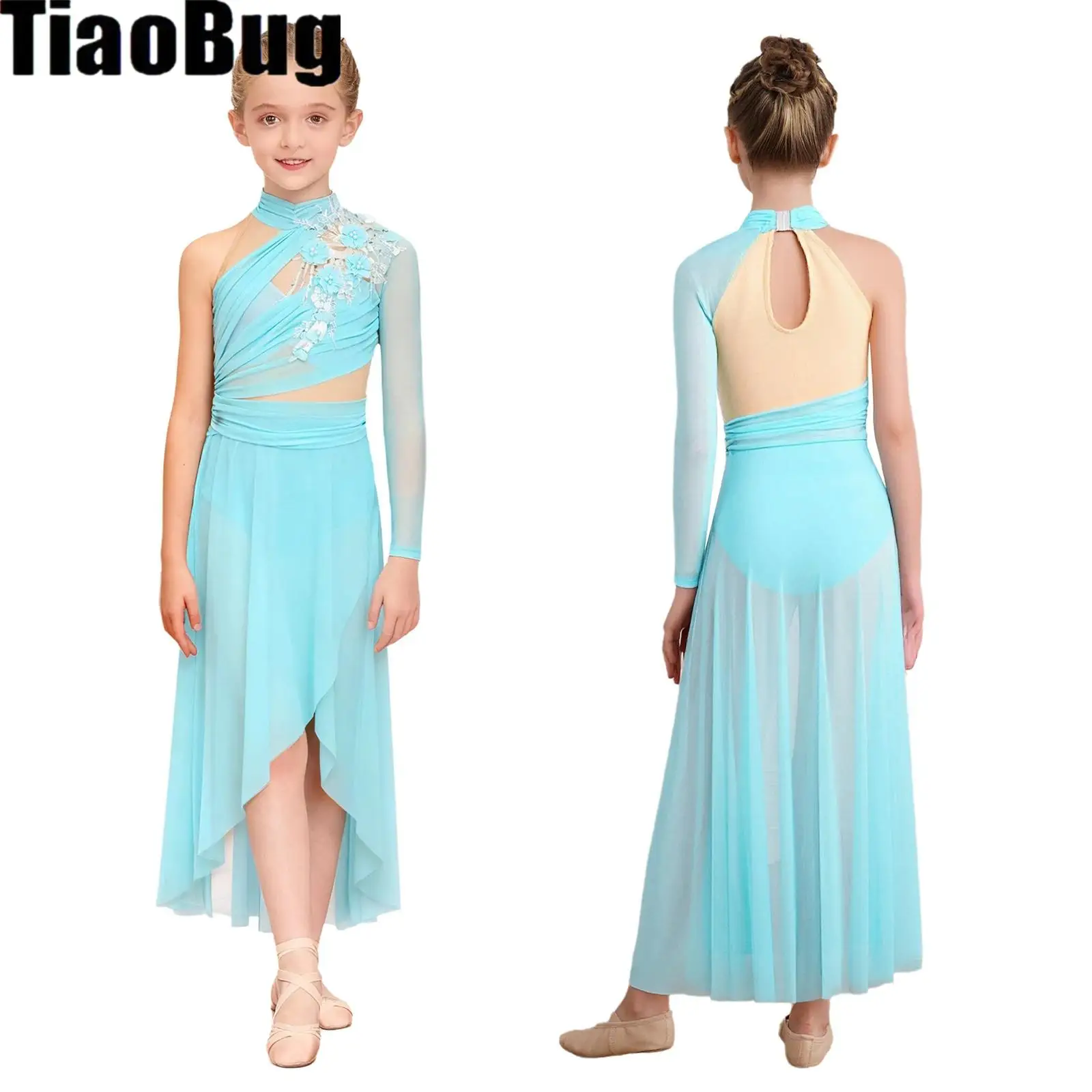 

Kids Girls Lyrical Dance Dress Keyhole Back Side Split Irregular Hem Asymmetrical Ruched Mesh Delicate Applique Dress