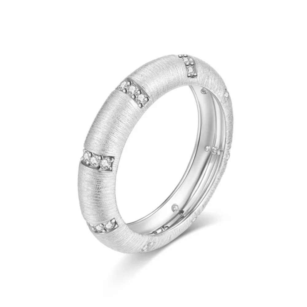 S925 Silver D VVS1 Moissanite Brushed Textured Dome Band Ring Scattered Stone Inlay Fine Stackable Jewelry For Women Daily Gift