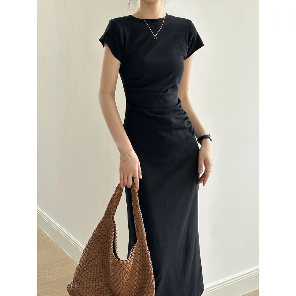 الصيف Bodycon فستان أنثى عادية مطوي سليم كم قصير س الرقبة فستان تي شيرت كوريا شيك خمر فستان سيدة