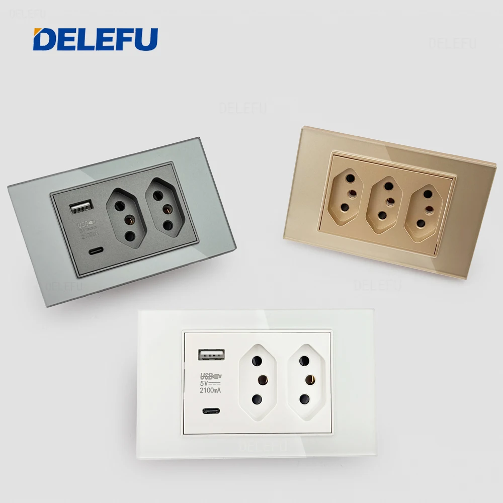

DELEFU 4*2 закаленное стекло, бразильская стандартная розетка, USB C, настенная розетка для быстрой зарядки, 10A, 20A, белый, серый, черный, золотой