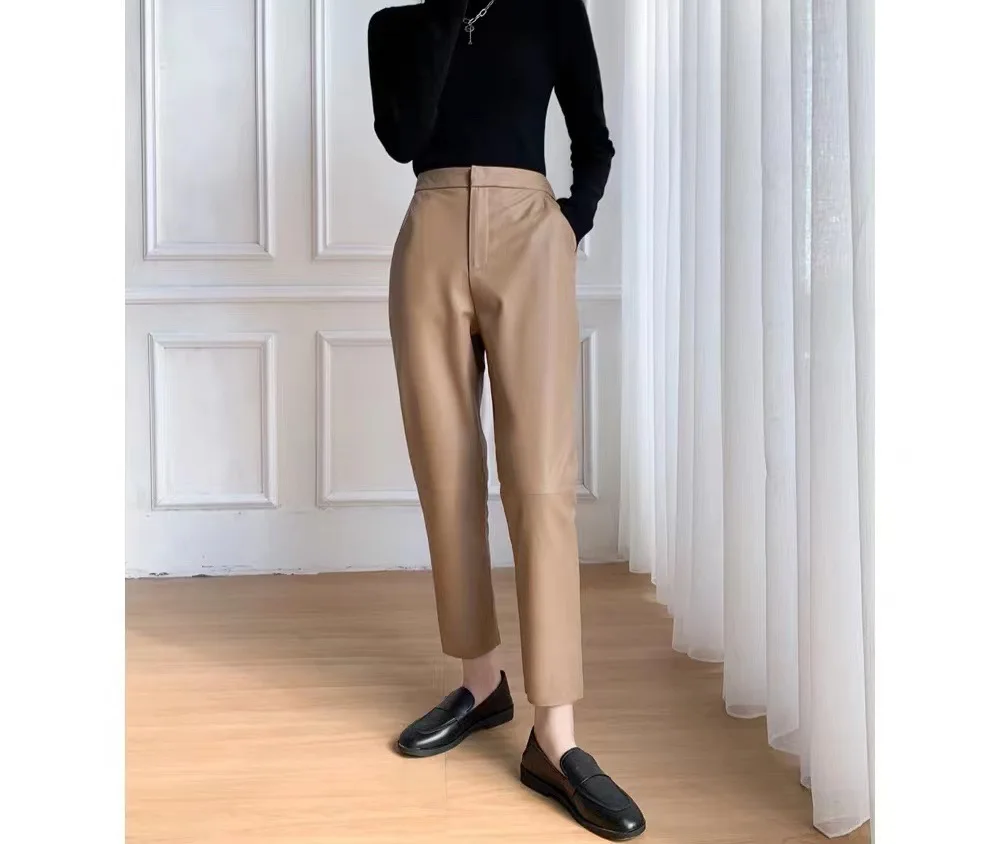 2023 Women New Fashion Genuine Sheepskin Harem Leather Pants Casual Loose High Waist Real Leather Pants E76