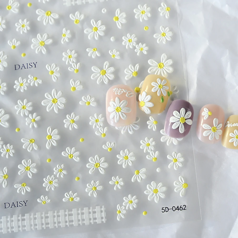 2 Stück 5D weiße Gänseblümchen Design Nail Art Aufkleber geprägte Gänseblümchen Blümchen grünes Blatt Nail Art Aufkleber DIY Frühling Sommer Dekor Aufkleber – Detail 3