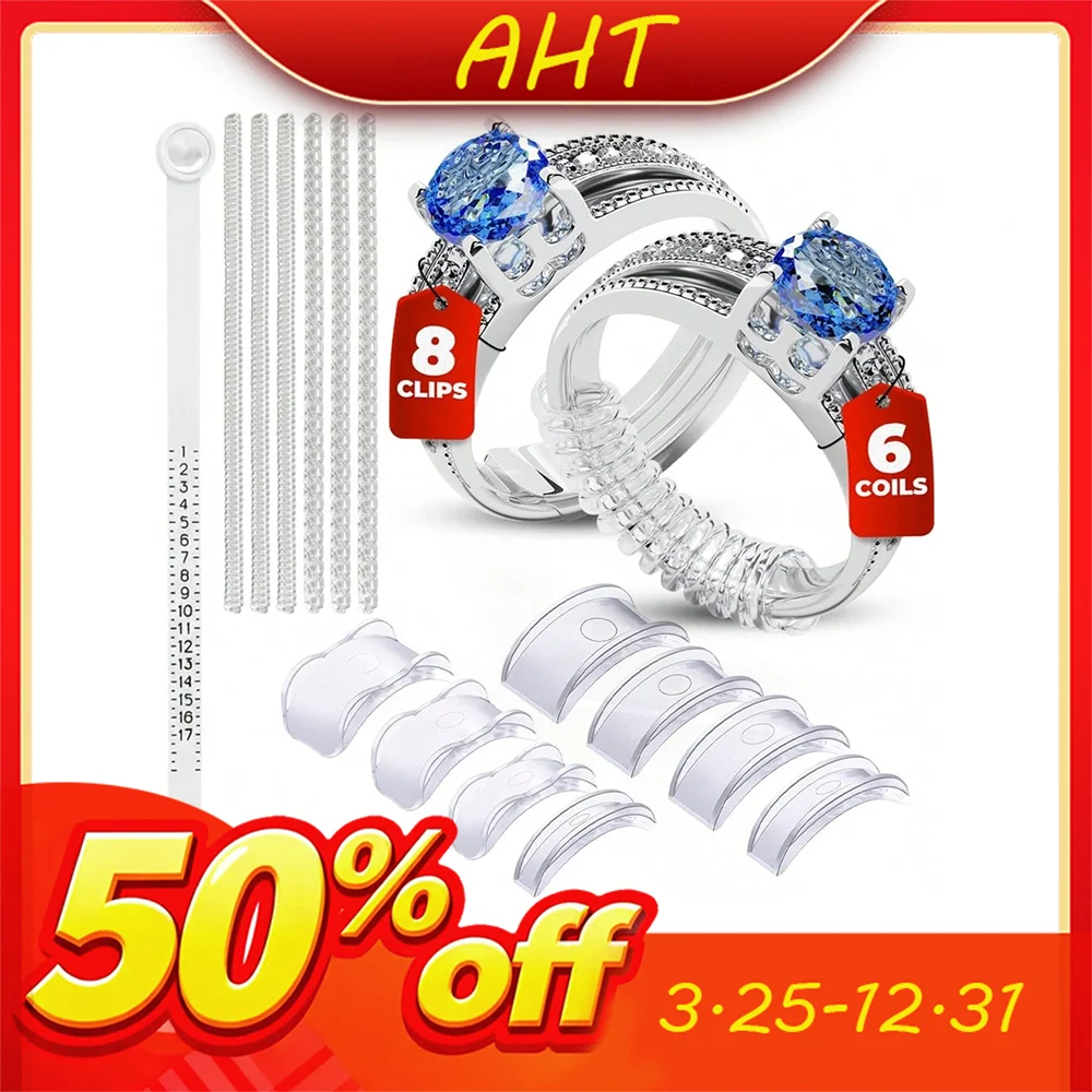 AHT 15pcs Ring Size Adjuster 8 Easy-Jaw 6 Coil Sizers Finger Size Guide Fits US 1-17 Clear Resizer Guards Loose Engagement Rings