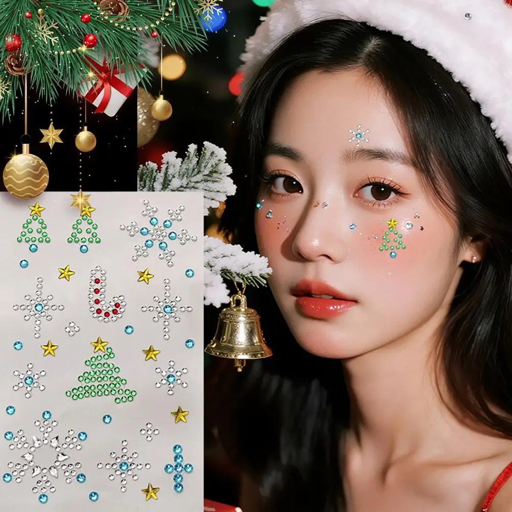 Gemme natalizie per il viso, adesivi con strass autoadesivi per occhi e guance, trucco scintillante per feste per il palcoscenico di Capodanno G7R6