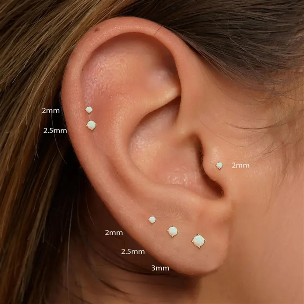Canner 925 Sterling Silver Multi Size Round Australian Opal for Women Flat Head Piercing Earrings Exquisite Cute Gifts