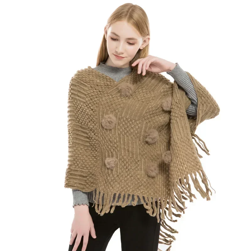 Poncho Hoody Sweater Tassels Scarf Women Knitted Cape Shawl Wrap Cloak Ethnic Hooded