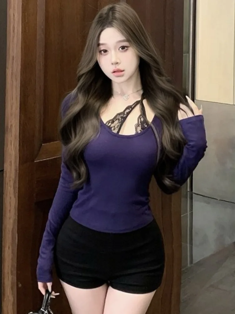 

Sexy Pure Desire Spicy Girl Long Sleeve Lace Underwear Top Women's Autumn Winter Outerwear Compatible Knitted Standard Fit T-...