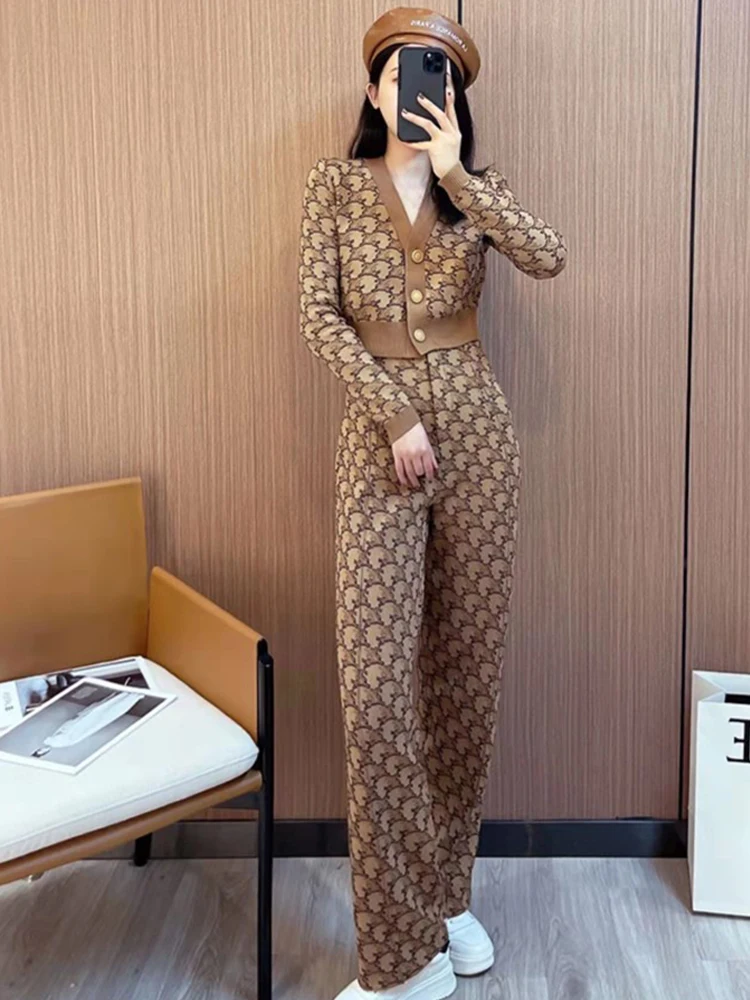 

Зимние клетчатые свитера с принтом, женские вязаные кардиганы + эластичные длинные брюки, американские ретро-осенние комплекты из двух предметов