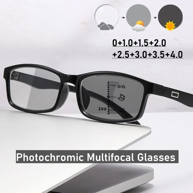 

Men Women Retro Photochromic Reading Glasses Vintage Color Changing Multifocal Eyewear Unisex Square Frame Presbyopic Glasses