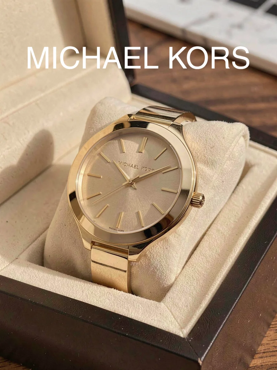 Michael Kors Slim Women's Quartz Watch,Gold Stainless Steel Bracelet,Sunburst Minimal Stick Dial for Office Daily Birthday Gift