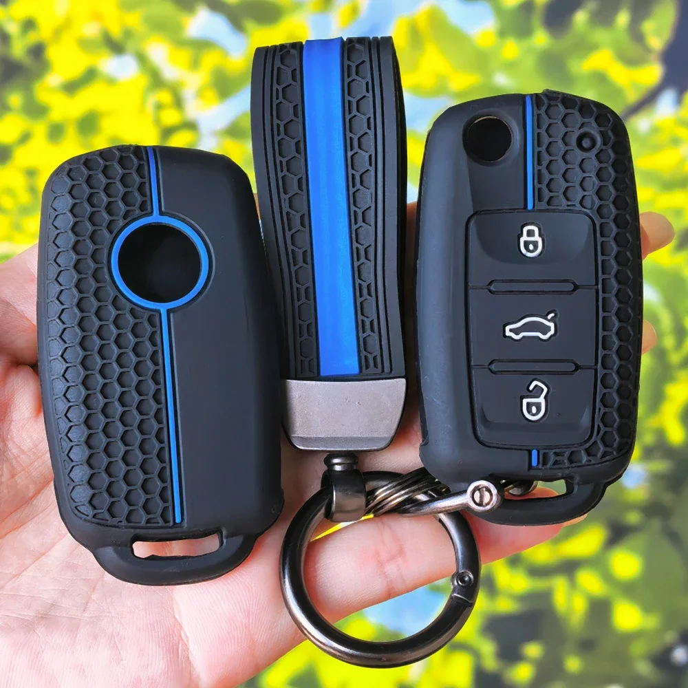 Honeycomb Stripe Silicone Flip Car Key Cover with Keychain for VW UP Polo Golf 6 Passat B5 Touran Jetta Skoda Fabia Octavia A5