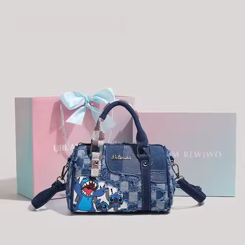 Disney Stitch Distressed Denim Crossbody Bag Retro Hole Design Spacious Multi Pocket Storage Perfect Casual Fashion Gift Idea