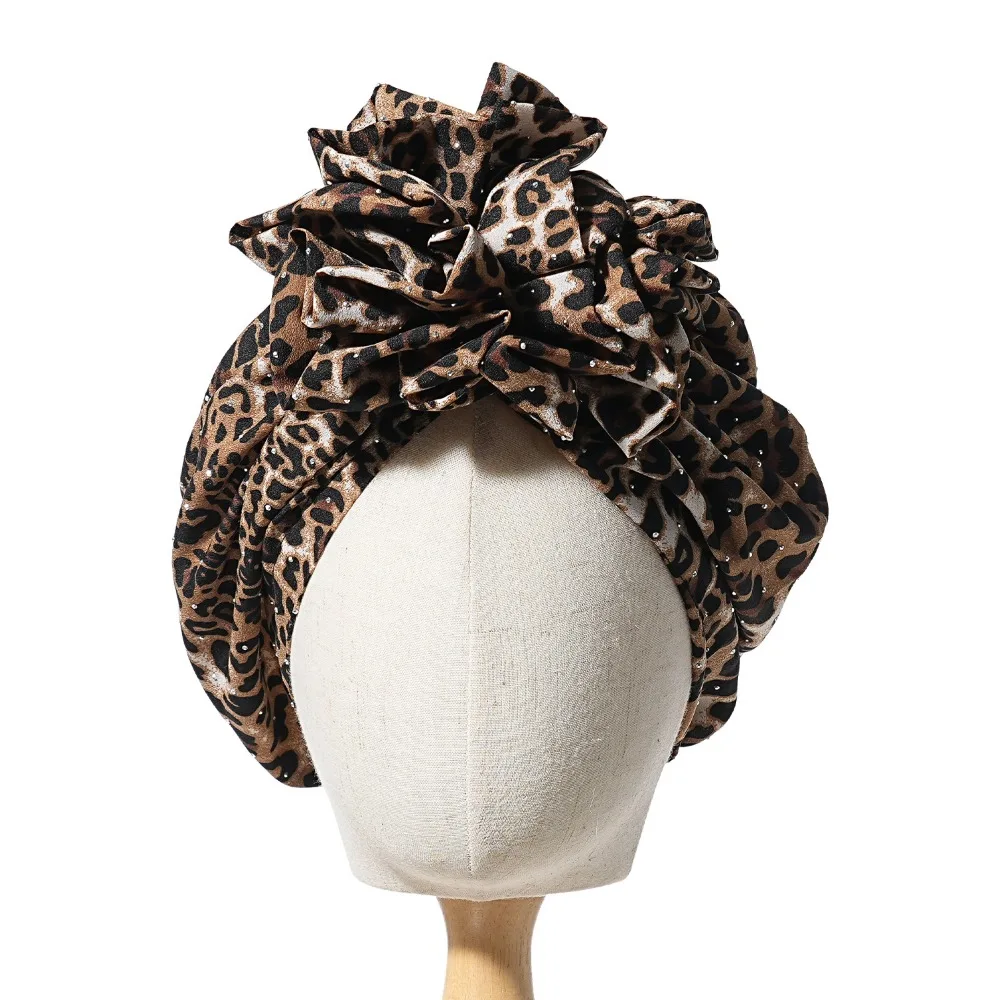

Hot Leopard Print Diamonds Turban Front Knot Elegant Floral Beanie Pre Tied Elastic Head Wrap Women