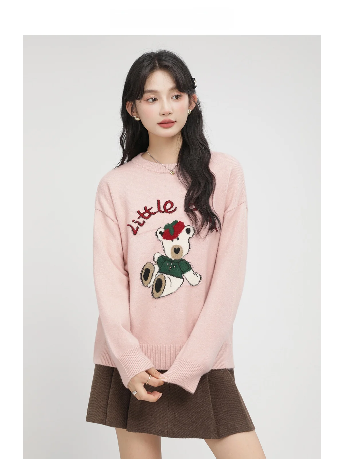 

Soft Pink Knitted Sweater Base Shirt Winter Women's Sweet Match All-Match Top Cartoon Animation Commute Style round Neck Long...