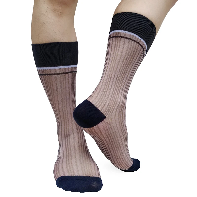 Men Nylon Silk Socks Formal Dress Suit Socks See Through for Leather Shoes Stripped Sexy Hose Male Wedding Business Gifts