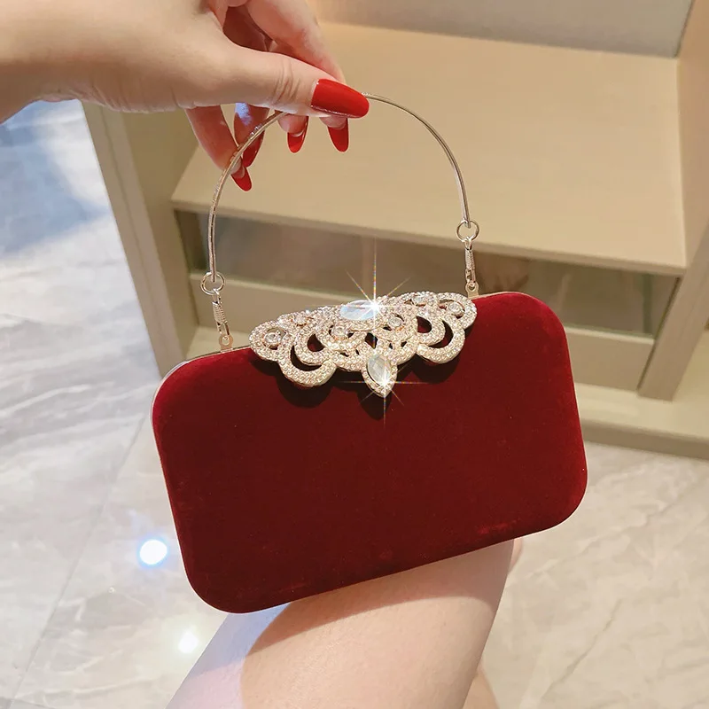 

Wine red velvet diamond decoration dinner clutch bag celebrity banquet bag cheongsam temperament portable small square bag woman