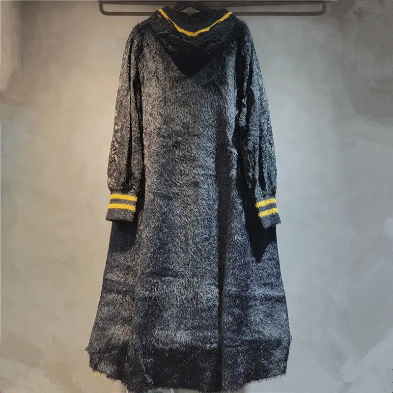 [ZOCI] New Thick Version Loose Round Neck Pullover Mink Fur Patchwork Lace Sleeves, Mid Length Knit Sweater