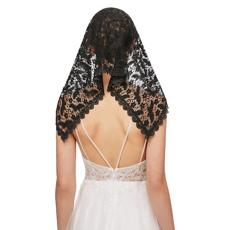 Women Elegant White Black Muslim Headscarf Fashion Wedding Bridal Lace Veil One-Layer Hollow Out Lace Shawl