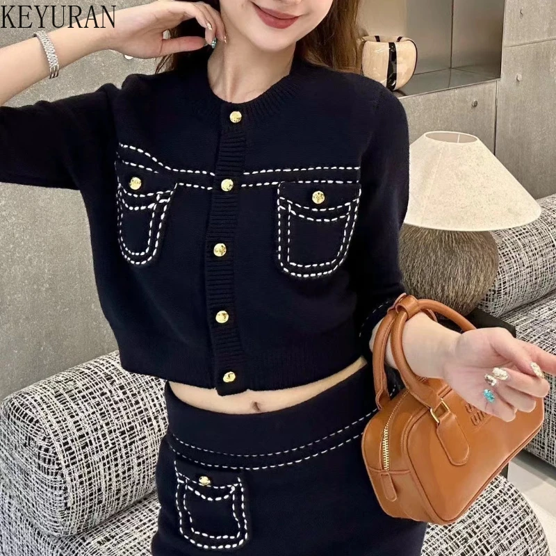 2024 Autumn Knitted 2 Piece Skirt Sets Women\'s Outfits Elegant Slim Sweater Cardigan Crop Top + Wrap Hip Mini Skirt Suits Female