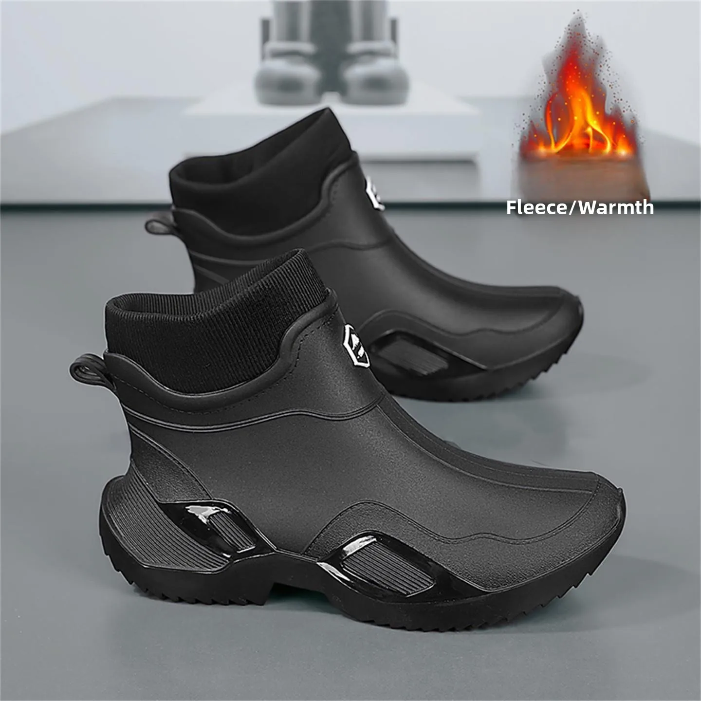 Men's Winter Thickened Fleece Lined Snow Boots Anti-slip Outdoor Fishing Take-out Delivery Professional Rain Shoes Warm Cotto...