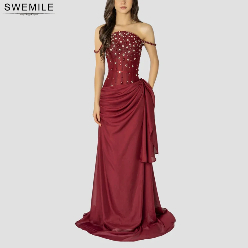 

SWEMILE Strapless Beadings Corset Evening Dresses Pleat Mermaid Prom Dresses Sleeveless Floor Length فساتين سهره فا