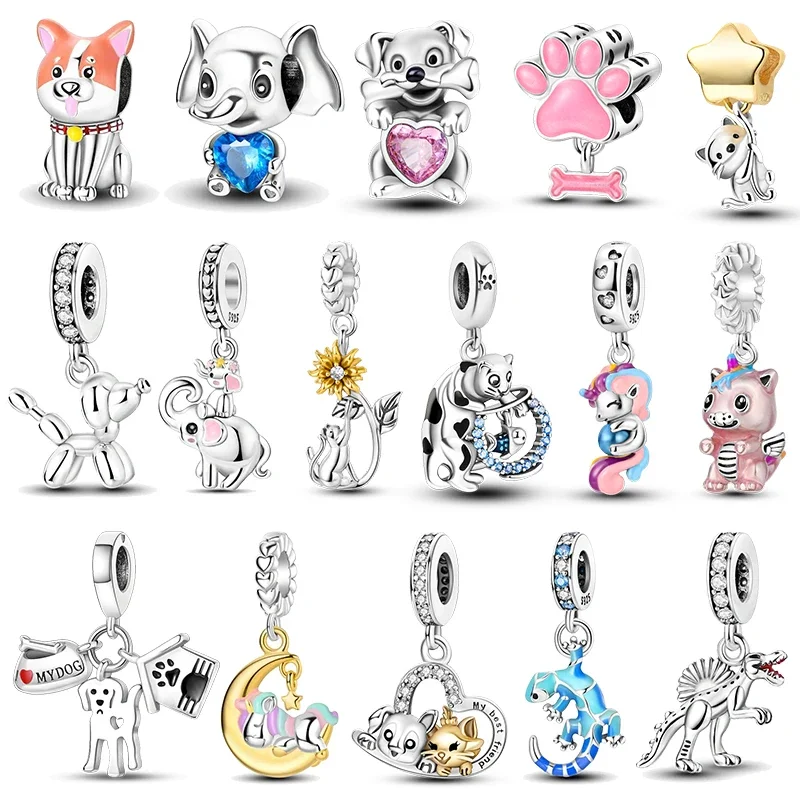 

925 Sterling Silver Dog Cat Elephant Unicorn Animal Series Fit Original Pandora Bracelet Charm Bead Necklace DIY Jewelry Making